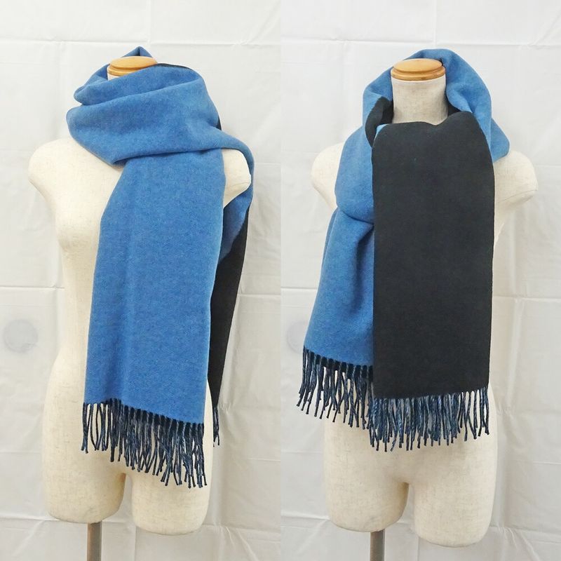 Hermes Muffler - Shawl Blue - Black 100% Cashmere Large Size Made In