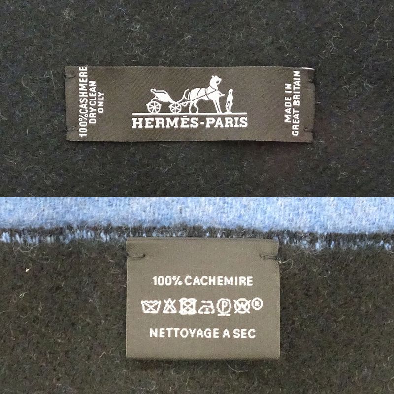 Hermes Muffler - Shawl Blue - Black 100% Cashmere Large Size Made In