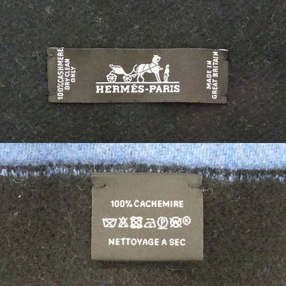 Hermes Muffler - Shawl Blue - Black 100% Cashmere Large Size Made In
