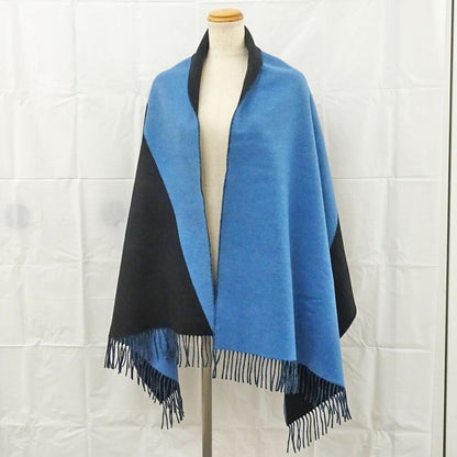 Hermes Muffler - Shawl Blue - Black 100% Cashmere Large Size Made In
