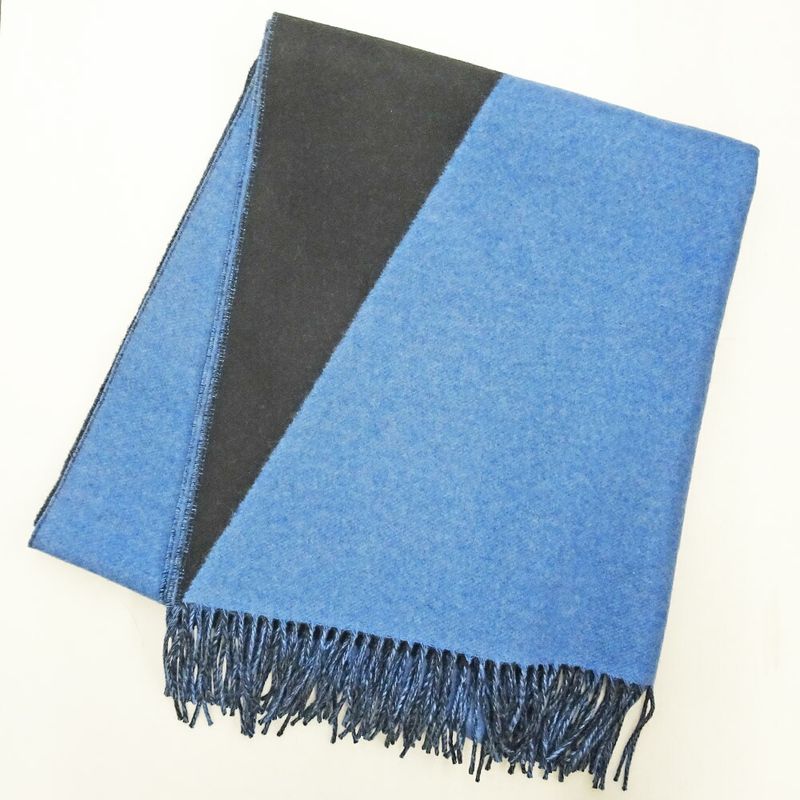 Hermes Muffler - Shawl Blue - Black 100% Cashmere Large Size Made In
