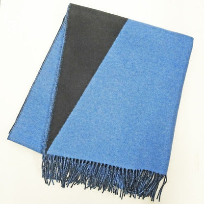 Hermes Muffler - Shawl Blue - Black 100% Cashmere Large Size Made In