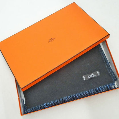 Hermes Muffler - Shawl Blue - Black 100% Cashmere Large Size Made In