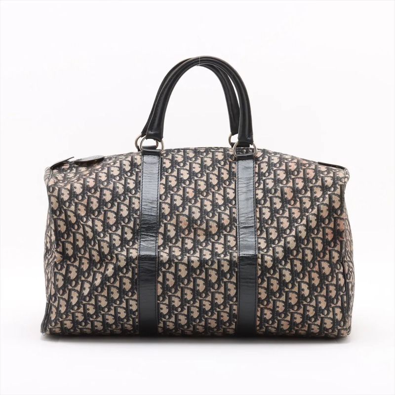 Christian Dior Trotter Leather Canvas Boston Bag Business Travel Tote Navy