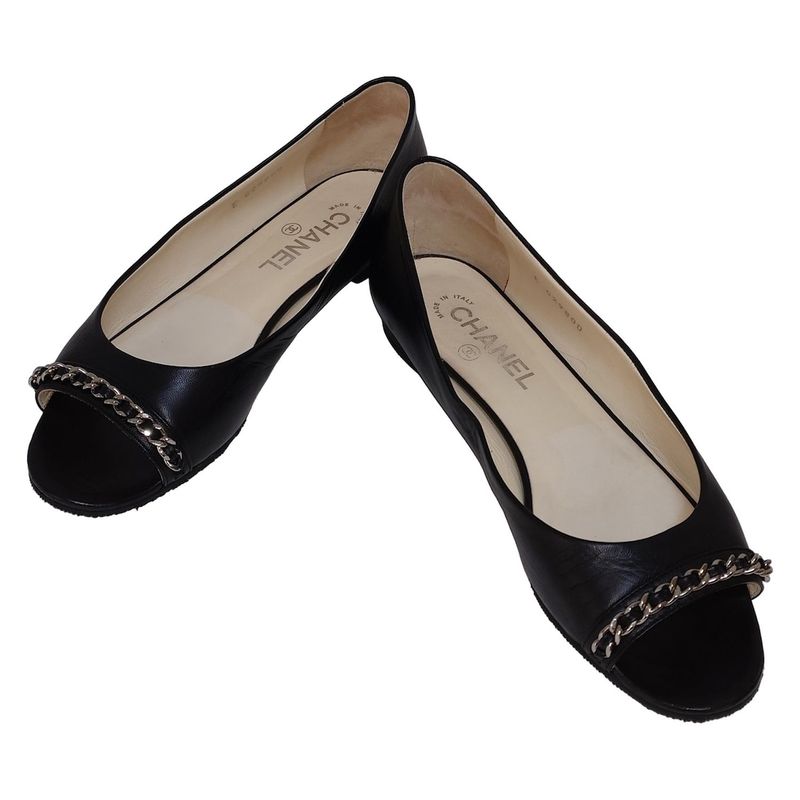 Chanel Flat Shoes 39 C Women's - G29800 Black Chain Open Toe Outsole Reupholster