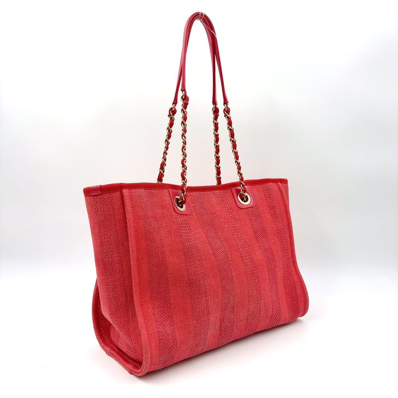 Chanel Deauville Coco Mark Serial Number 29 Leather X Canvas Red Tote Bag Gold