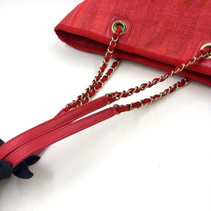 Chanel Deauville Coco Mark Serial Number 29 Leather X Canvas Red Tote Bag Gold