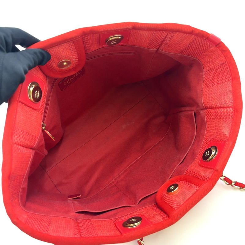 Chanel Deauville Coco Mark Serial Number 29 Leather X Canvas Red Tote Bag Gold