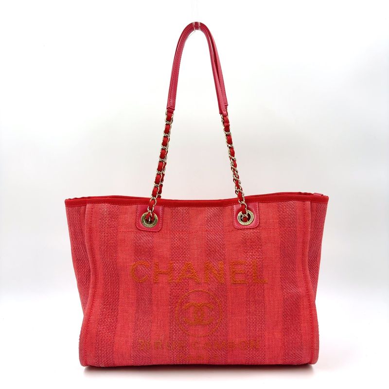 Chanel Deauville Coco Mark Serial Number 29 Leather X Canvas Red Tote Bag Gold