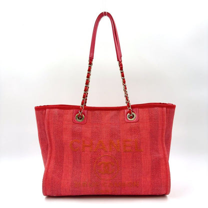 Chanel Deauville Coco Mark Serial Number 29 Leather X Canvas Red Tote Bag Gold