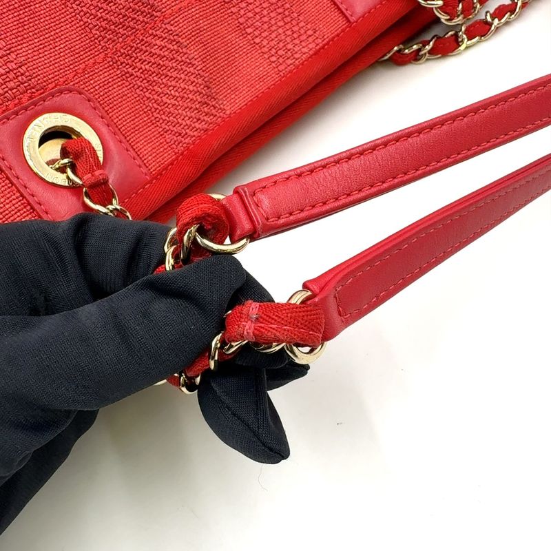 Chanel Deauville Coco Mark Serial Number 29 Leather X Canvas Red Tote Bag Gold