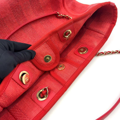 Chanel Deauville Coco Mark Serial Number 29 Leather X Canvas Red Tote Bag Gold