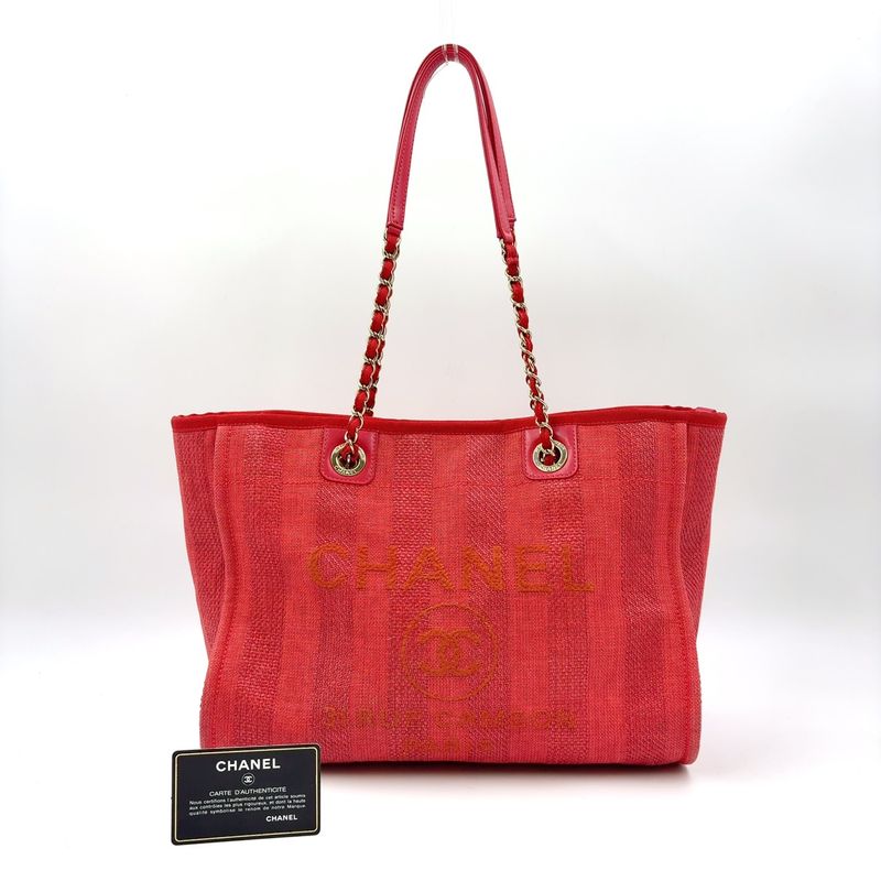 Chanel Deauville Coco Mark Serial Number 29 Leather X Canvas Red Tote Bag Gold