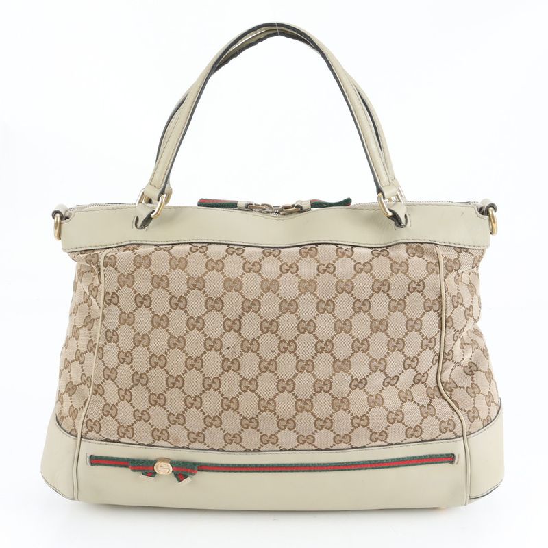 Gucci GG Canvas Sherry Line Mayfair Leather Tote Bag Hand 257349 A4 Beige