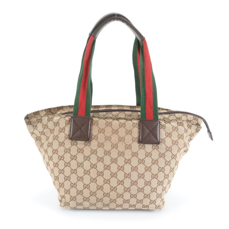 Gucci GG Canvas Sherry Line 131230 Leather Tote Bag Shoulder Hand Brown Women's