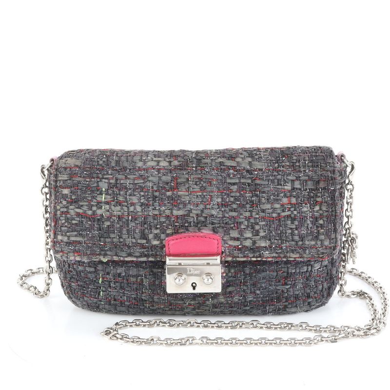 Christian Dior New Rock Tweed Leather Silver Chain Shoulder Bag Crossbody