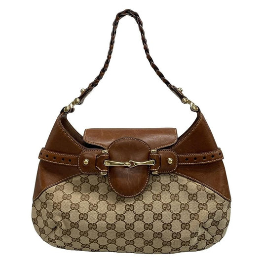 Gucci Handbag Horsebit GG Pattern 137592 Beige X Dark Brown Leather