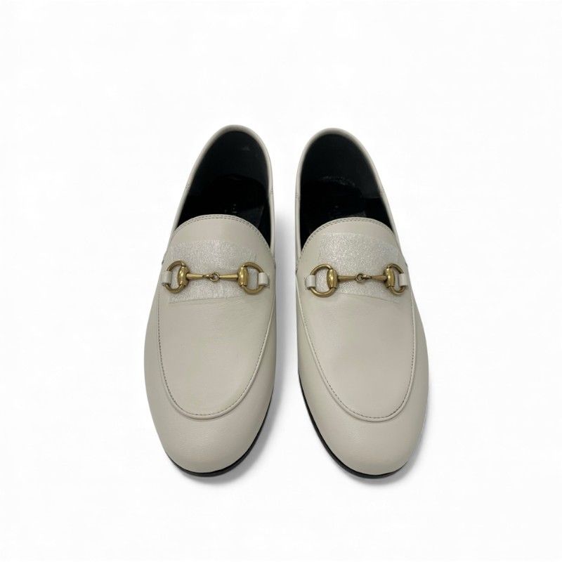Gucci Loafer Leather Shoes Leather Off White Gold Unused Horsebit Flat Shoes