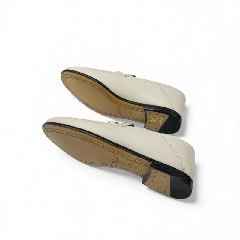 Gucci Loafer Leather Shoes Leather Off White Gold Unused Horsebit Flat Shoes