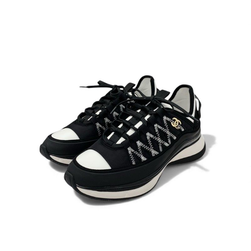 Chanel Sneakers Shoes Fabric Leather Black White Unused Here Mark