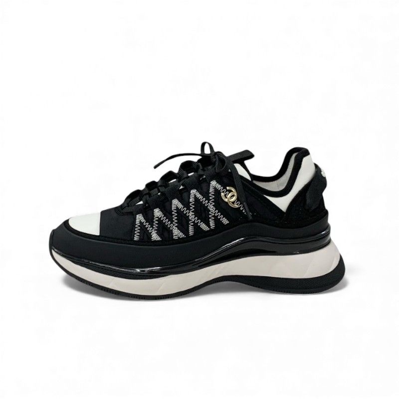 Chanel Sneakers Shoes Fabric Leather Black White Unused Here Mark