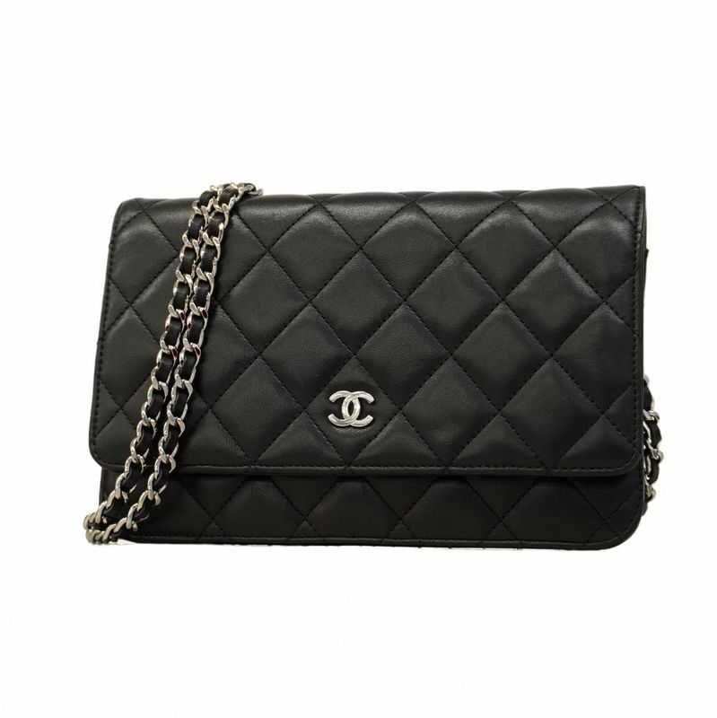 Chanel Shoulder Wallet Matelasse Lambskin Black Silver Hardware Women's