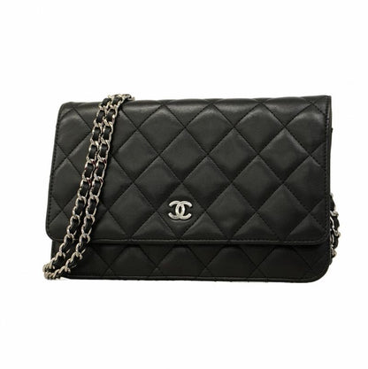 Chanel Shoulder Wallet Matelasse Lambskin Black Silver Hardware Women's