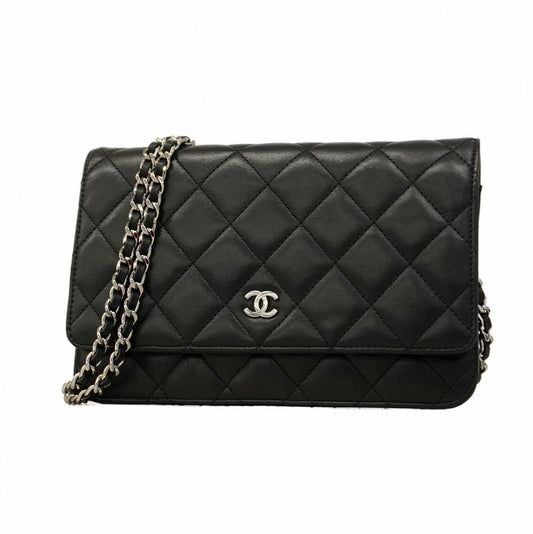 Chanel Shoulder Wallet Matelasse Lambskin Black Silver Hardware Women's