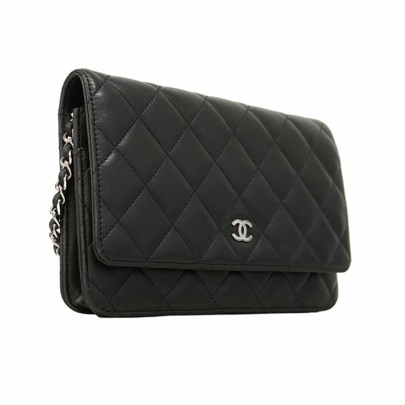 Chanel Shoulder Wallet Matelasse Lambskin Black Silver Hardware Women's