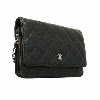 Chanel Shoulder Wallet Matelasse Lambskin Black Silver Hardware Women's
