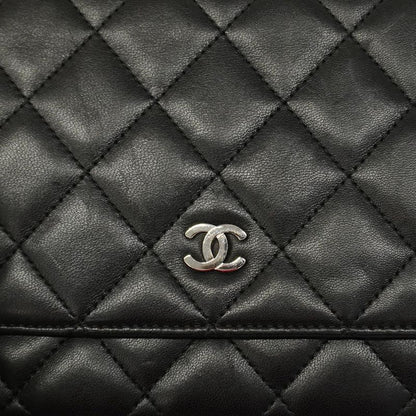 Chanel Shoulder Wallet Matelasse Lambskin Black Silver Hardware Women's