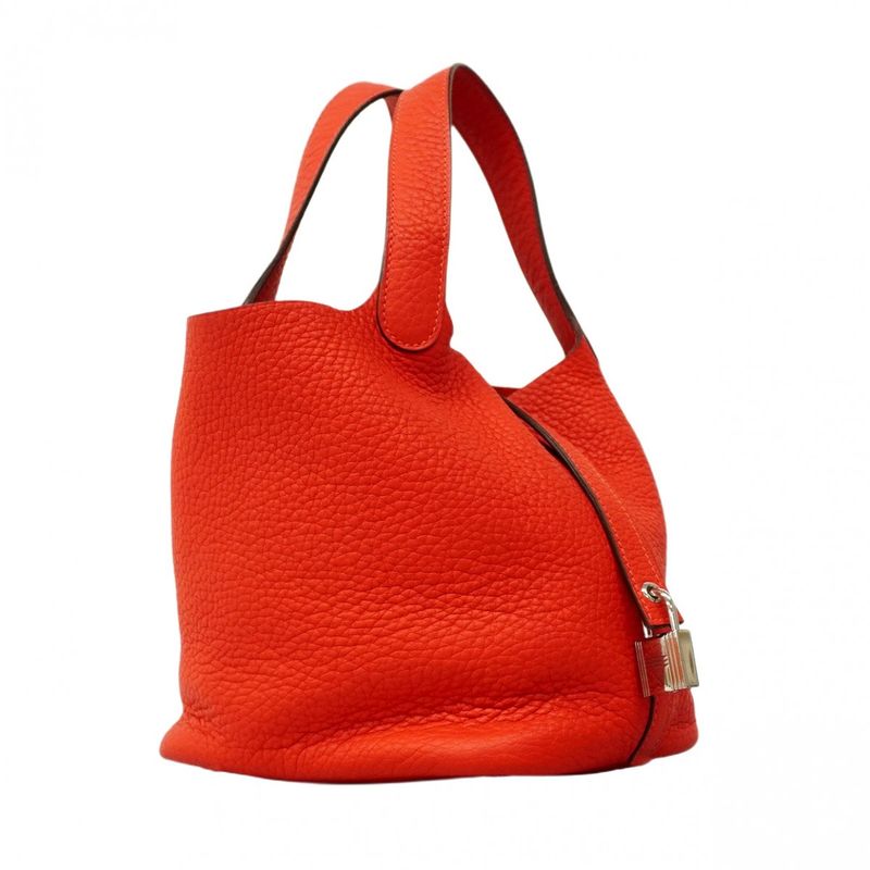 Hermes Handbag Picotan Lock PM Taurillon Clemence Rouge Tomato Silver Hardware