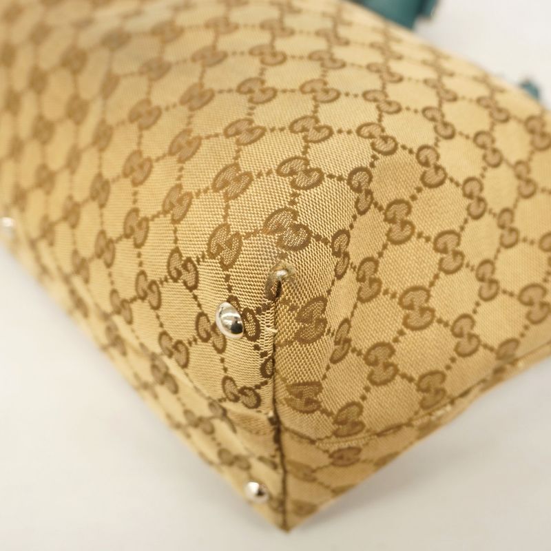 Gucci Tote Bag Horsebit 229852 Canvas Beige Emerald Green Silver Hardware