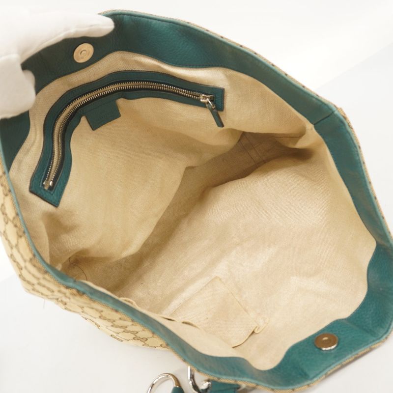 Gucci Tote Bag Horsebit 229852 Canvas Beige Emerald Green Silver Hardware