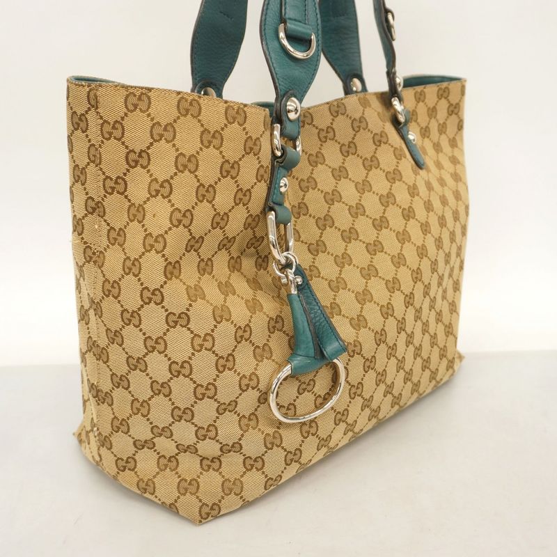 Gucci Tote Bag Horsebit 229852 Canvas Beige Emerald Green Silver Hardware