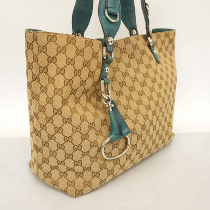 Gucci Tote Bag Horsebit 229852 Canvas Beige Emerald Green Silver Hardware