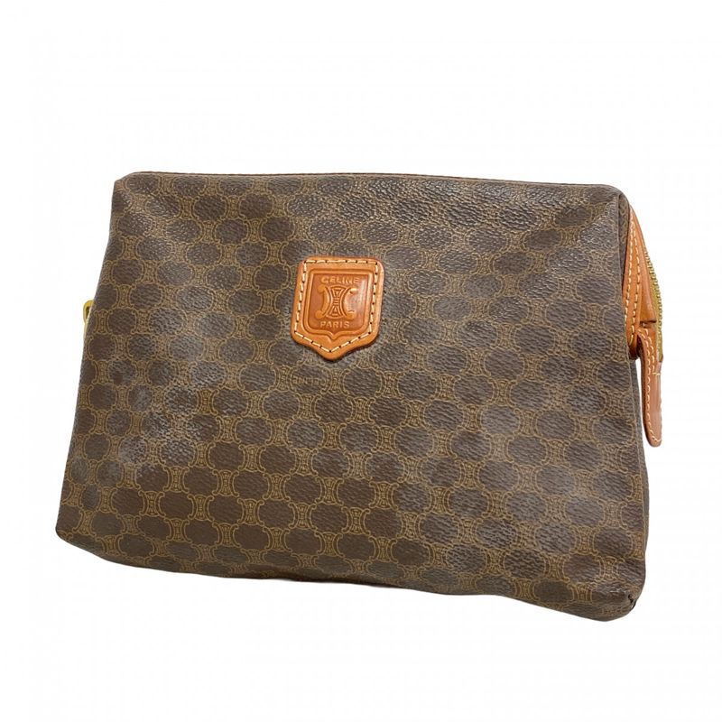 Celine Pouch Macadam PVC Brown Gold Hardware Women's