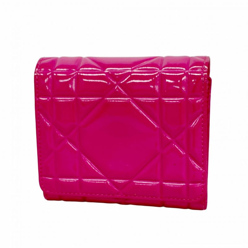 Christian Dior Trifold Wallet Cannage Enamel Pink Silver Hardware Women's