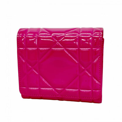 Christian Dior Trifold Wallet Cannage Enamel Pink Silver Hardware Women's