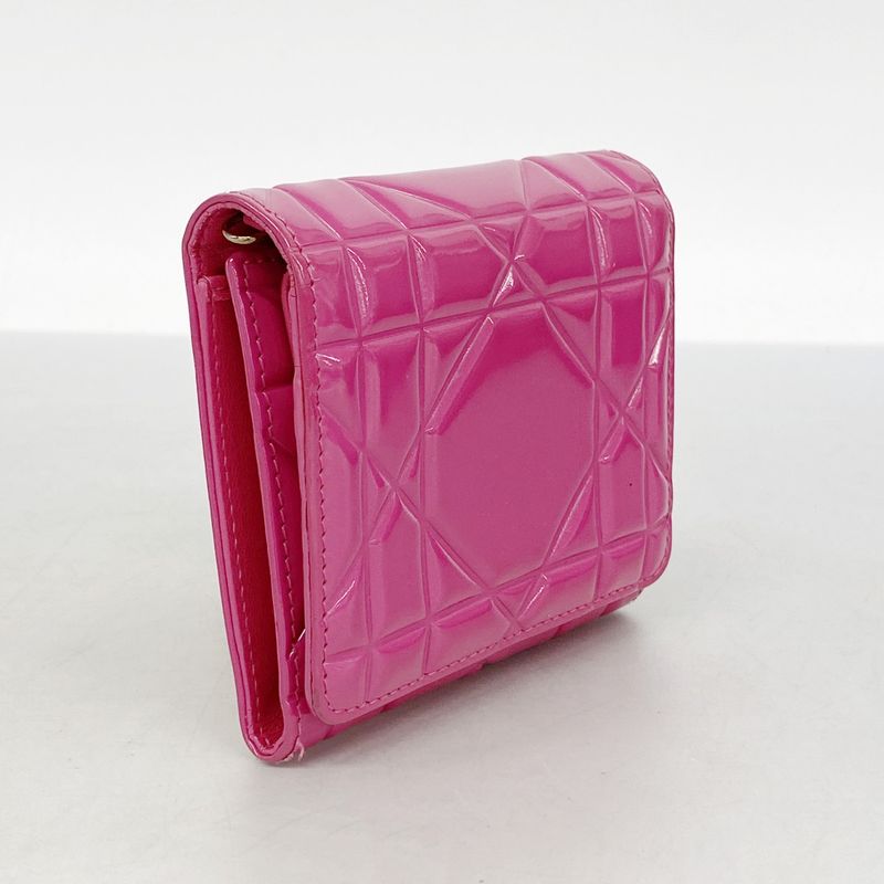 Christian Dior Trifold Wallet Cannage Enamel Pink Silver Hardware Women's