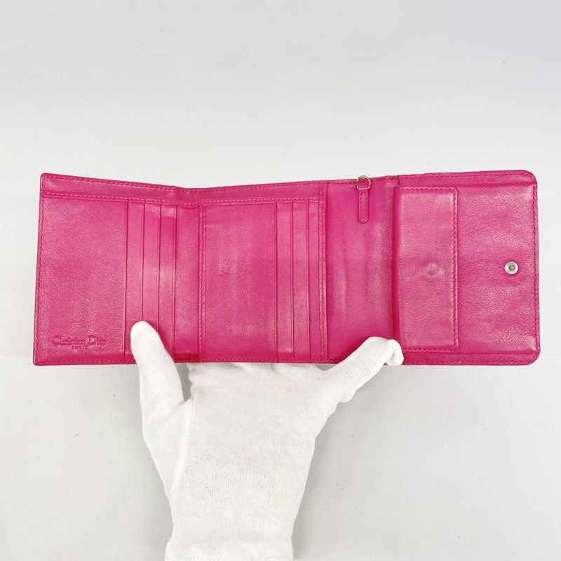 Christian Dior Trifold Wallet Cannage Enamel Pink Silver Hardware Women's