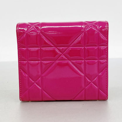 Christian Dior Trifold Wallet Cannage Enamel Pink Silver Hardware Women's