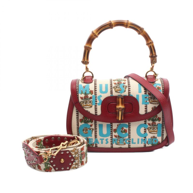 Gucci Handbag Bamboo 1947 GG Logo 678489 White Red Canvas Leather Bamboo 1947