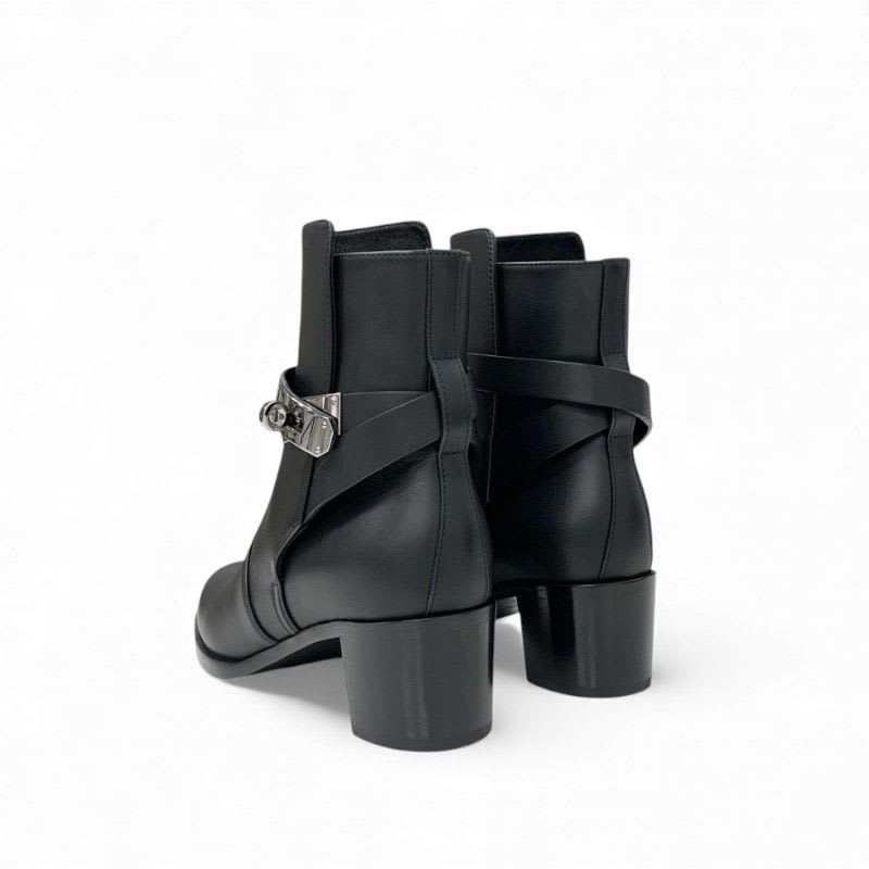 Hermes Frenchie 50 Boots Short Shoes Leather Black Silver Kelly Hardware