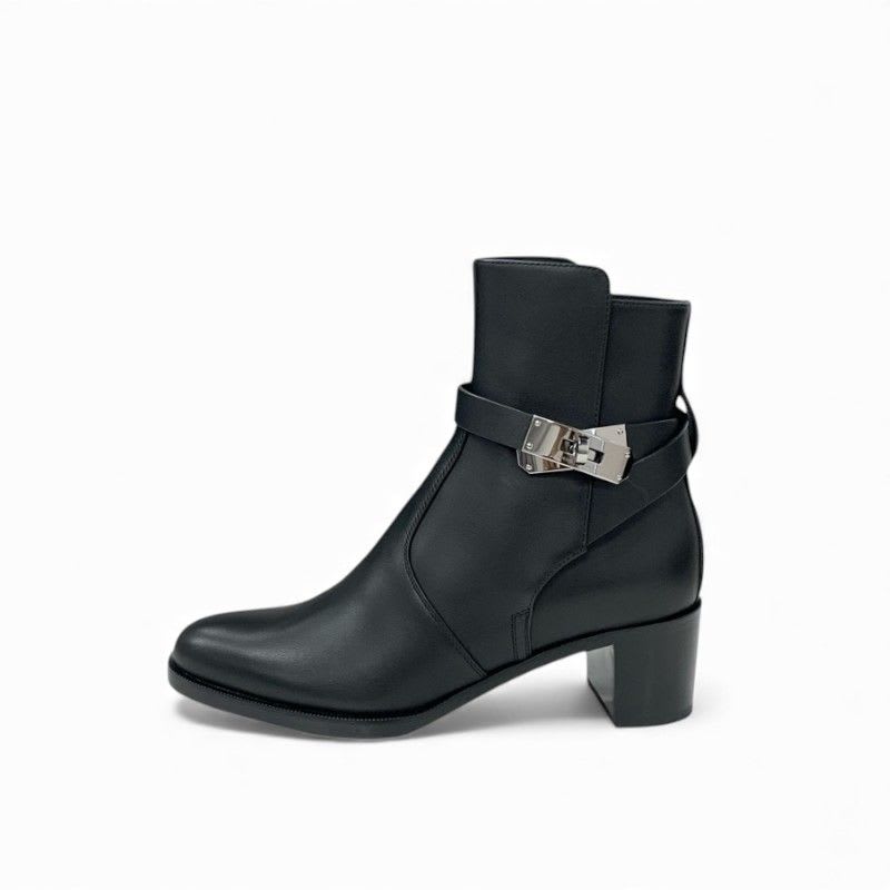 Hermes Frenchie 50 Boots Short Shoes Leather Black Silver Kelly Hardware