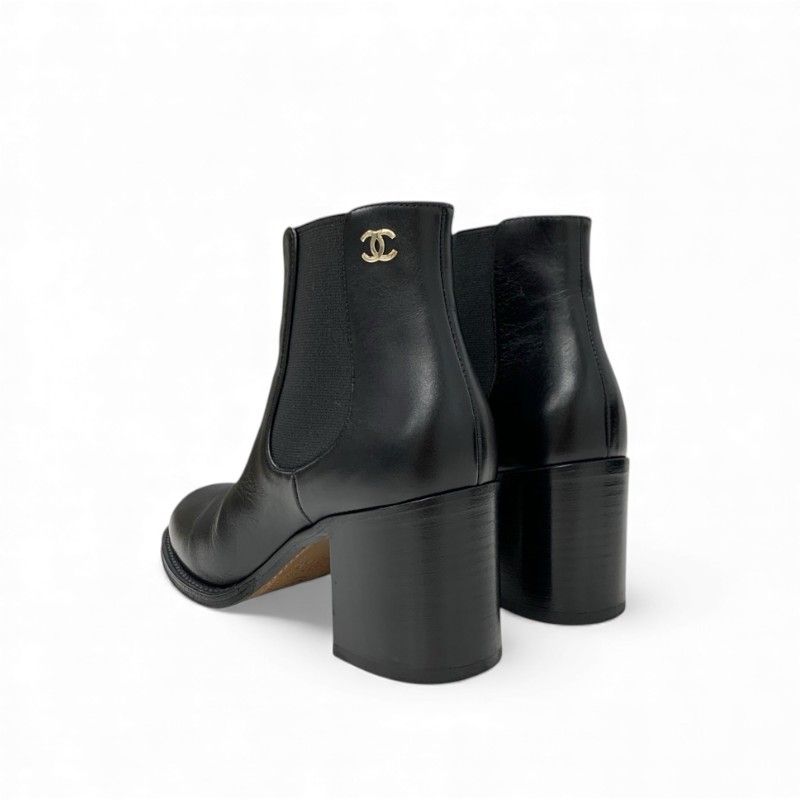Chanel Boots Short Boots Shoes Leather Black Here Mark Side Gore
