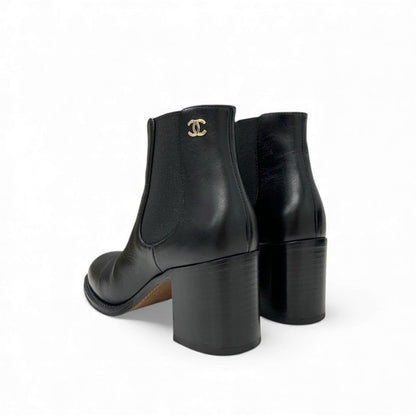 Chanel Boots Short Boots Shoes Leather Black Here Mark Side Gore