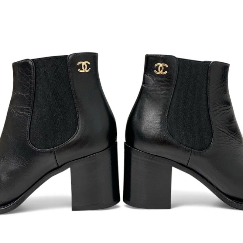 Chanel Boots Short Boots Shoes Leather Black Here Mark Side Gore