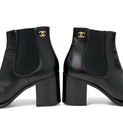 Chanel Boots Short Boots Shoes Leather Black Here Mark Side Gore