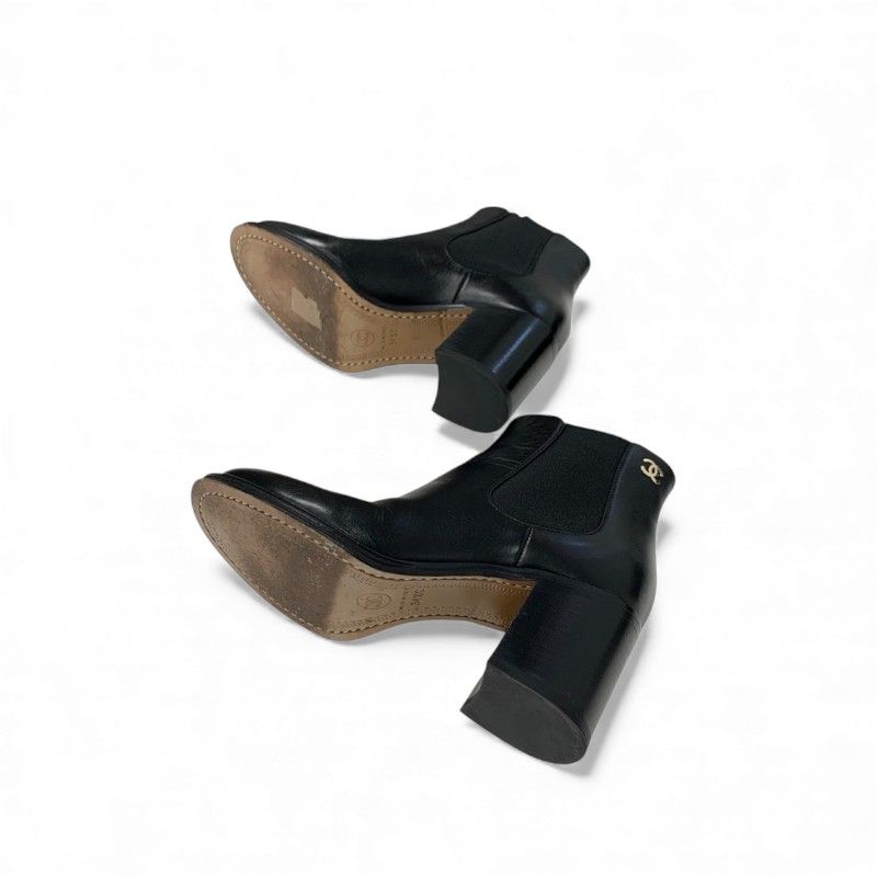 Chanel Boots Short Boots Shoes Leather Black Here Mark Side Gore